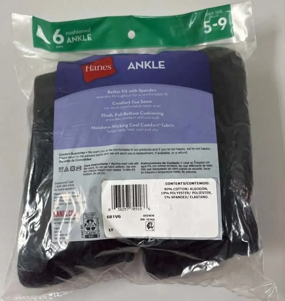 Hanes Women's Cushioned Ankle Socks, 6 Pairs, Black,‎ Shoe Size 5-9